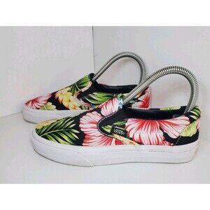 Vans Hawaiian Black Hibiscus Tropical Slip on Shoes Sneakers Women’s Size 5.5